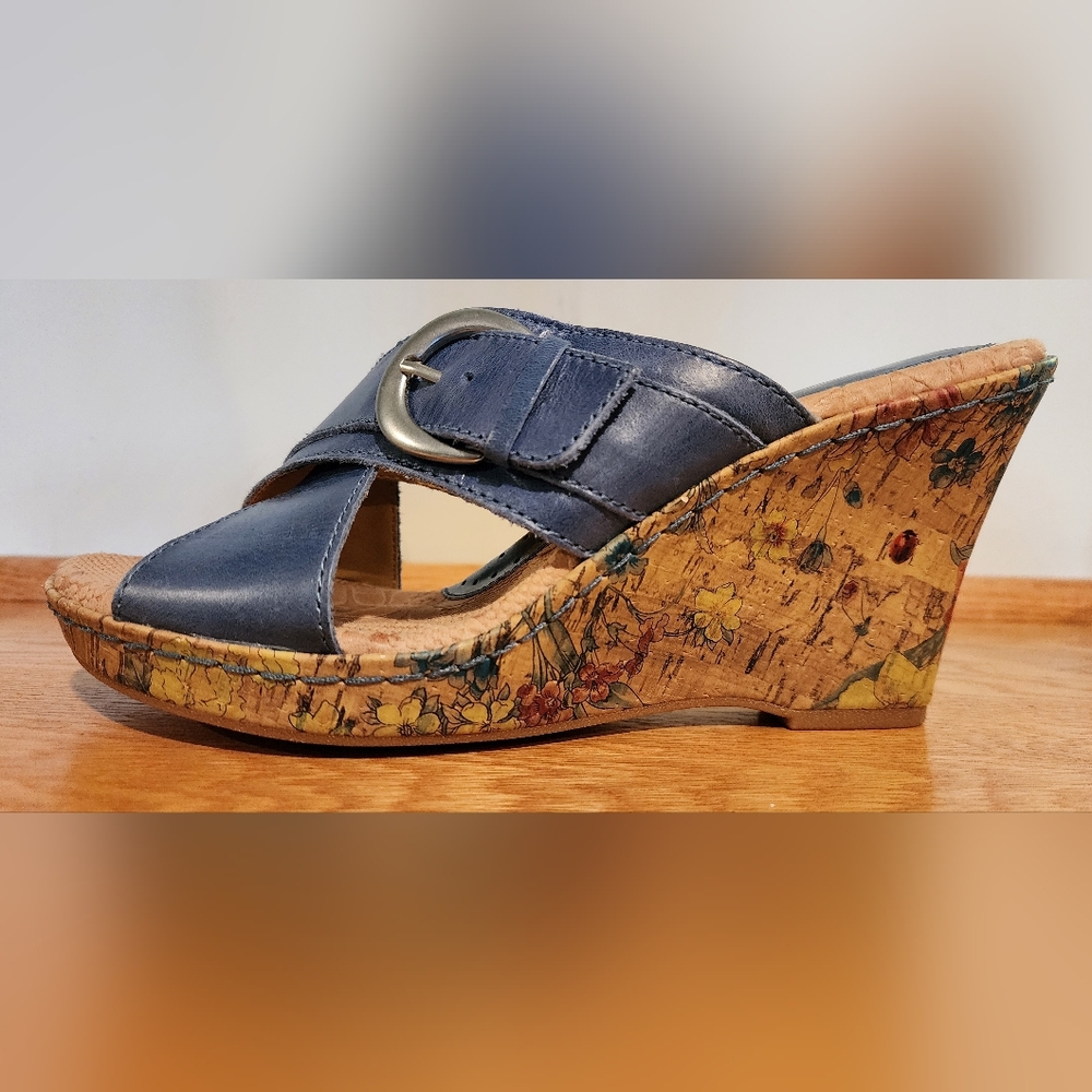 B.O.C Blue and Tan Wedge Sandals with Cross-Strap Design